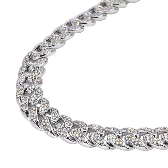 NEW White Aurora Borealis Austrian Crystal Curb Link Chain Necklace Silvertone - Picture 2 of 2